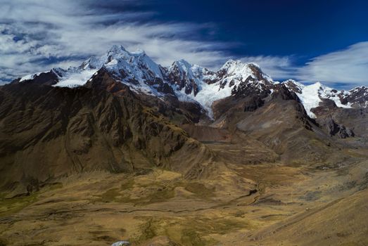 Breathtaking scenery around Alpamayo, one of highest mountain peaks in Peruvian Andes, Cordillera Blanca