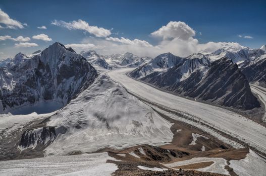 Scenic view of Fedchenko Glacier in Pamir mountains in Tajikistan