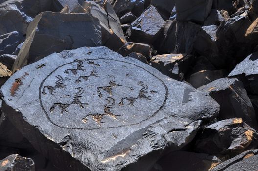 Ancient pictograms engraved on rock on Saimaluu Tash site in Kyrgyzstan