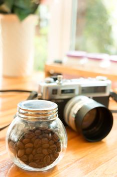 coffee beans with film camera, vintage style