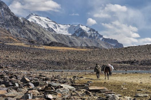 Picturesque rocky valley in Pamir mountains in Tajikistan