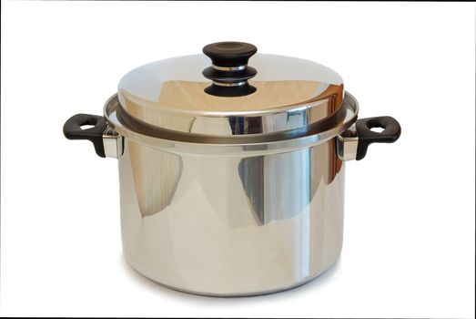 A large stainless steel pot with lid and convenient carry handles. Presented on a white background.