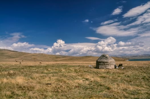 Traditional yurt of nomadic tribe on green grasslands in Kyrgyzstan