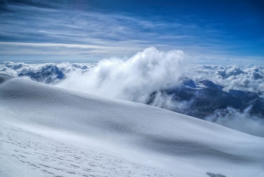 Dramatic landscape in high altitude near top of Huayna Potosi mountain in Bolivia