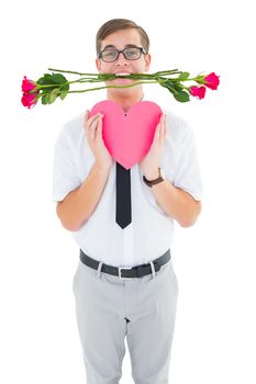 Geeky hipster holding red roses and heart card on white background