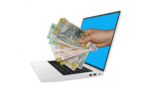 Isolated hand holding cash money out of  3D model of laptop computer
