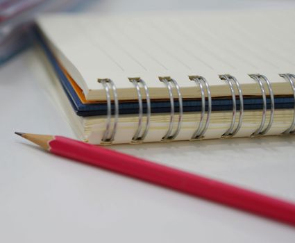 Notebook side stitched with circular loop, pink pencil on the desk in front.                               