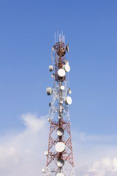 Telecommunication mast with microwave link and TV transmitter antennas on cloudy blue sky.
