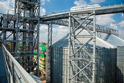 Towers of grain drying enterprise. metal grain facility with silos