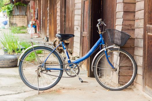 Old bike in front of the wooden wall at home.