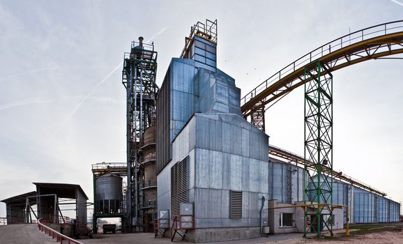 Towers of grain drying enterprise. metal grain facility with silos