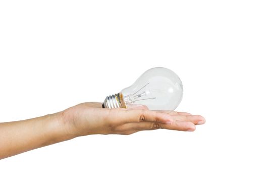 Light bulb in woman hand on white background.