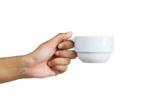 woman holding a cup of coffee, isolated on white