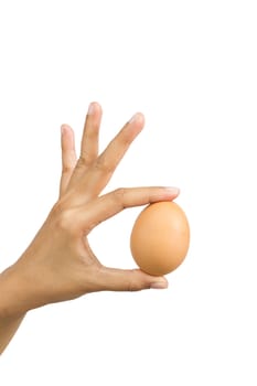 hand holding an egg isolated on white background.