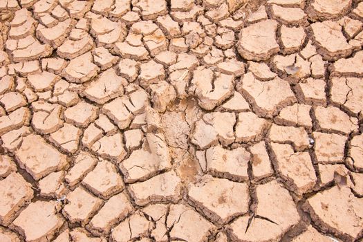 background of cracked earth indicates dry weather, drought, or lack of water. footprint in the middle