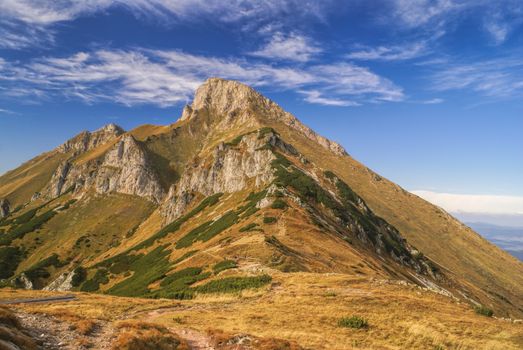 Picturesque mountain peak of Belianske Tatry in Slovakia on sunny autumn day