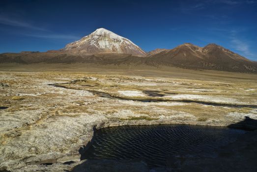 Scenic view of Nevado Sajama volcano, highest peak in Bolivia in Sajama national park