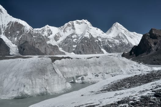 Engilchek glacier in Tian Shan mountain range in Kyrgyzstan