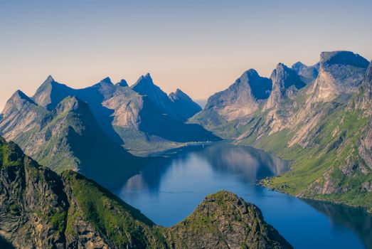 Beautiful view of Norwegian fjord from mountain peaks above Reine on Lofoten islands            