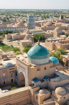 Beautiful large islamic mosque in Khiva, Uzbekistan, seen from air