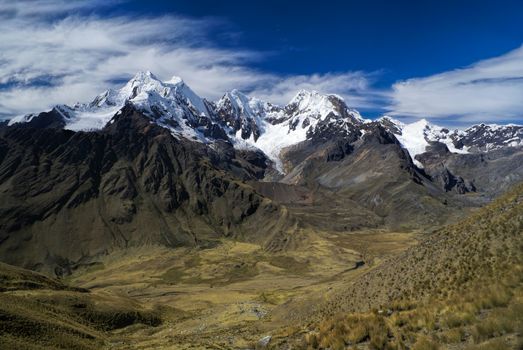 Breathtaking valleys around Alpamayo, one of highest mountain peaks in Peruvian Andes, Cordillera Blanca