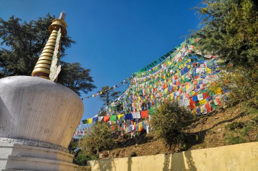 Colorful buddhist prayer flags in town of  Dharamshala, Himachal Pradesh, India