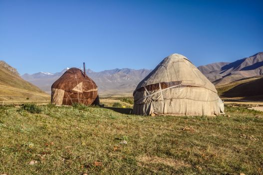 Nomadic settlements with yurts on green grasslands in Kyrgyzstan