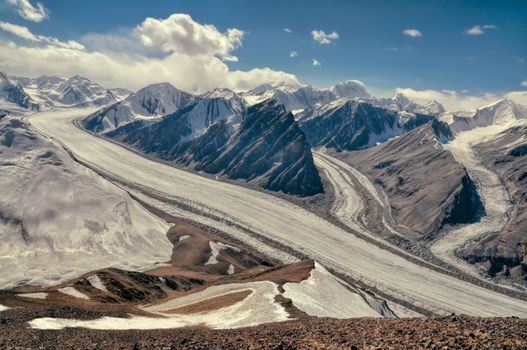 Magnificent Fedchenko Glacier in Pamir mountains in Tajikistan