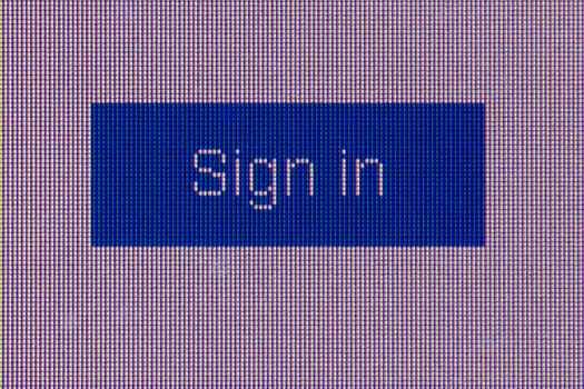 blue sign in button. Macro screen view of old monitor.