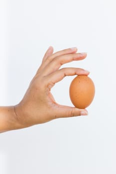 Hand with egg isolated on white background.