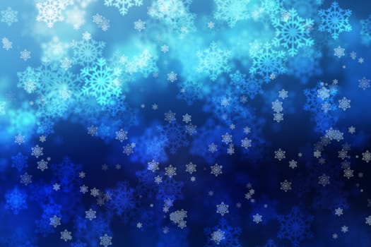 Blue bokeh abstract light background, with snowflakes