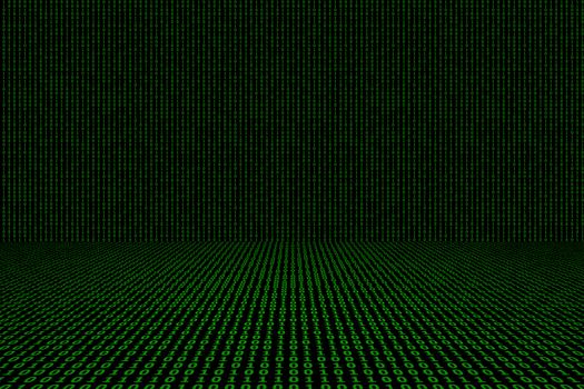 Binary computer code green background.