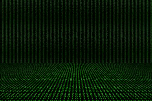 Binary computer code green background.