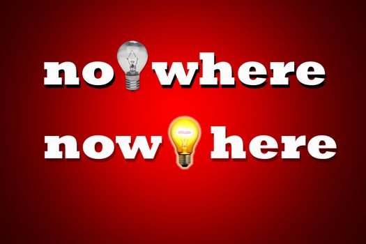 word no where changing to be now here, with bulbs, concept business idea solving problems.