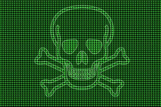 green heart shape background with skull, concept love is danger and deadly
