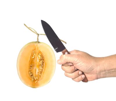 Knife in hand cut a melon cantaloupe isolate