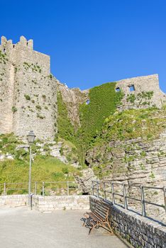 Panoramic view of ancient fortresses of Erice town, Sicily, Italy