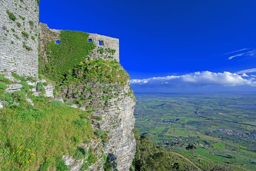 Panoramic view of ancient fortresses of Erice town, Sicily, Italy