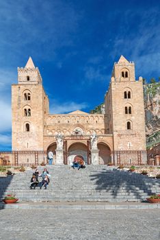 CEFALU, ITALY - APRIL 17, 2014: Medieval norman Cathedral in Cefalu, Sicily, Italy on April 17, 2014. Construction started in 1131.