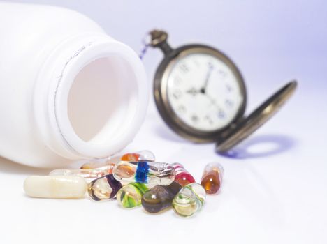 Oil capsule solution pouring out of the bottle,medicine time