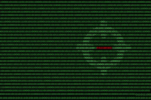 Binary computer code background, with red password and crosshairs.