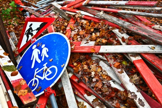 Trafics signs stacked in denmark in autumn