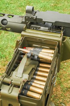 large caliber machine gun ammunition ready for firing