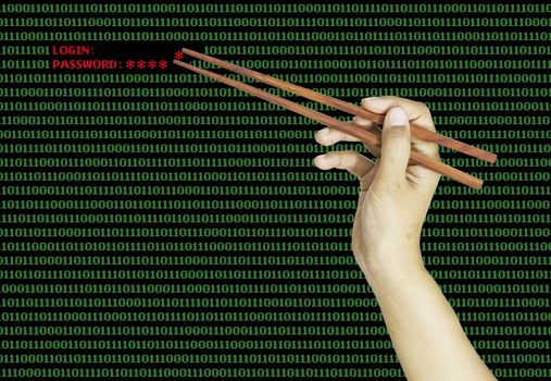 hand using chopsticks to pinch the last password on binary computer code background