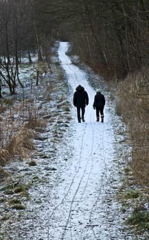 two peaople walking on a path in denmark in winter