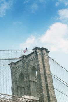 Pylon of Brooklyn Bridge as seen from East River.