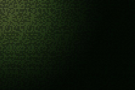 green binary data technology background, glowing light from the upper right corner