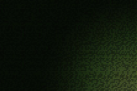 green binary data technology background, glowing light from the lower right corner