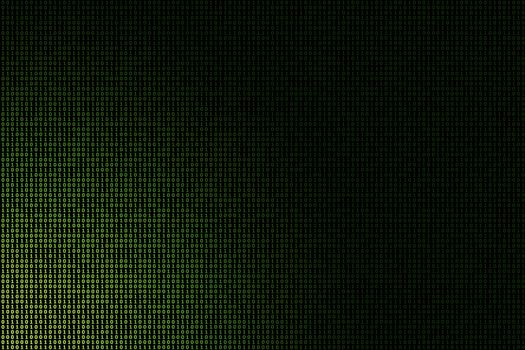 green binary data technology background, glowing light from the lower left corner