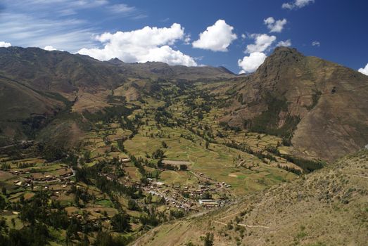 Scenic old village in valley in peruvian andes